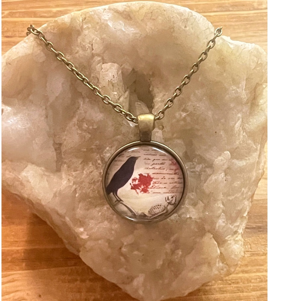 The Raven -Edgar Allen Poe -Glass Pendant Poem Art Necklace On Bronze Chain -New